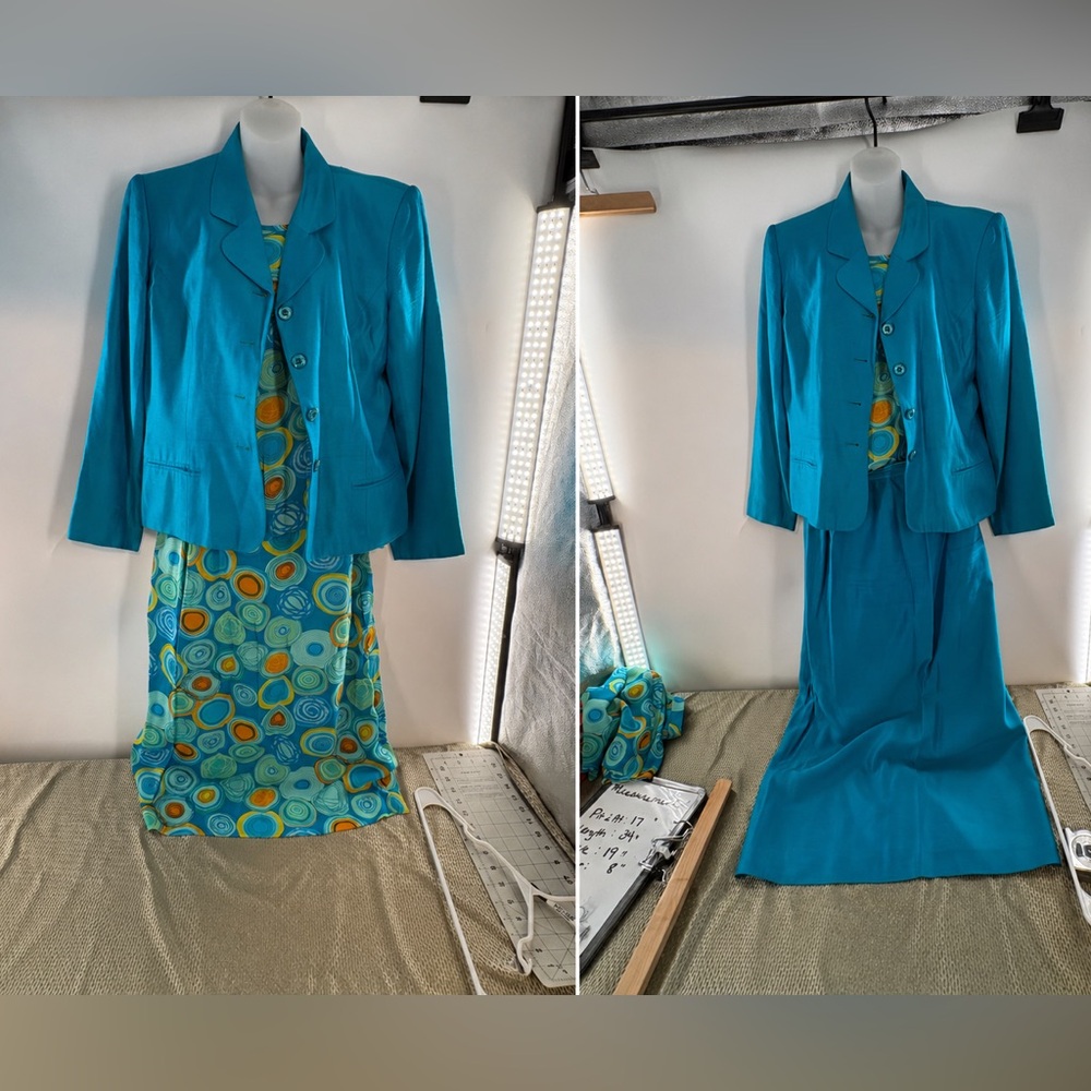 Y2K 4 Piece Teal Blue Women's Skirt Suit Size 12 GUC